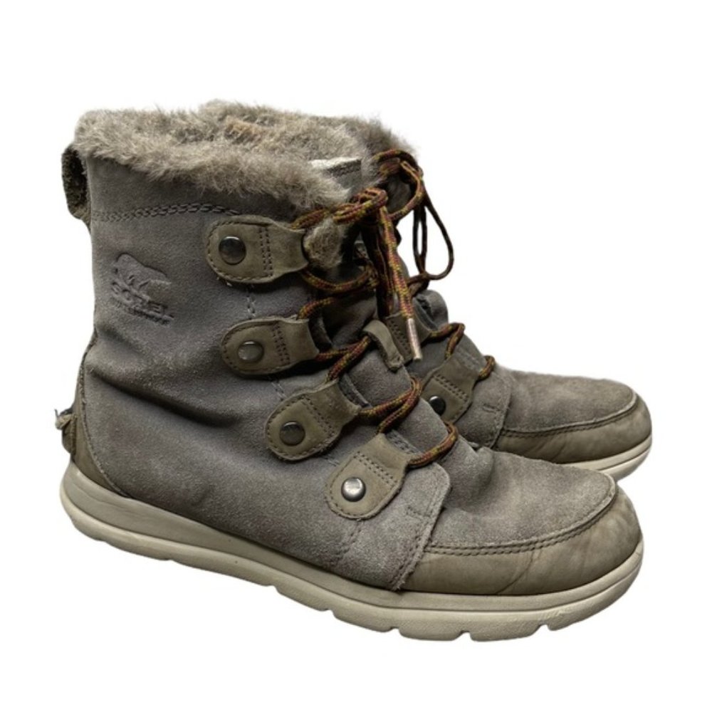 SOREL Women's Gray/Khaki Suede/Leather Explorer Joan Sneaker Boots Faux Fur 7.5